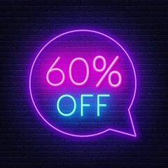 Fototapeta na wymiar 60 percent discount neon sign on brick wall background. Vector illustration