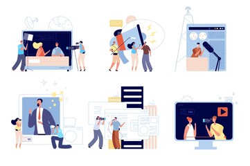 News media reporters. People communications, web blog update or creative mobile interview. Digital radio, tv journalist vector illustration. Broadcasting press, reporter and journalism