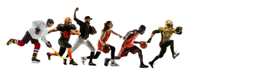 Fototapeta na wymiar Sport collage of professional athletes or players isolated on white background, flyer. Made of different photos of 6 models. Concept of motion, action, power, target and achievements, healthy, active