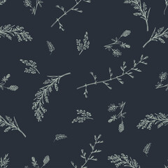 Abstract floral seamless pattern on dark background. Small clover wildflowers and spikelets. For fabric, background or wrapping paper. Vector illustration