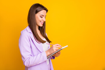 Profile photo of business lady holding diary writing corporate notes for boss responsible assistant...