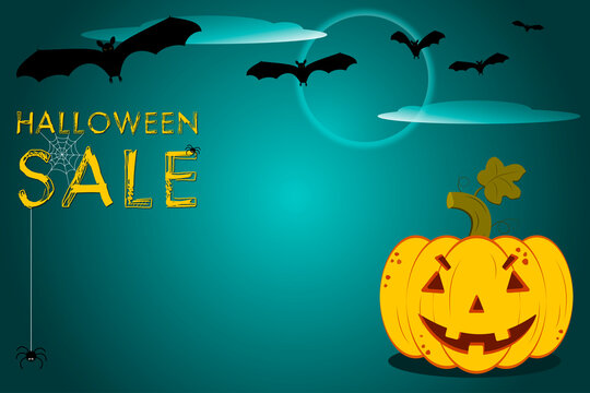 Halloween sale vector banner. Templates of poster with pumpkin, bats, spiders and moon on blue background. Halloween greeting card, offer, coupon, holiday sale. Vector illustration.