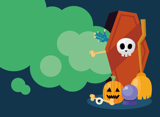 Halloween coffin with pumpkin and sphere vector design