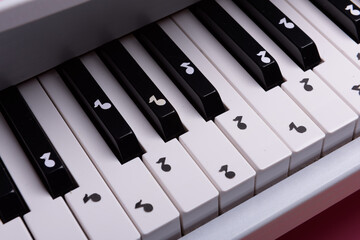 white toy piano with paper notes. music piano concept. view from above