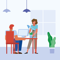 woman and man with computer at desk in the office vector design