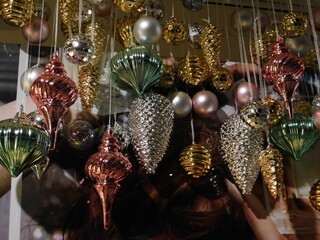 Christmas tree ornaments in a shop window