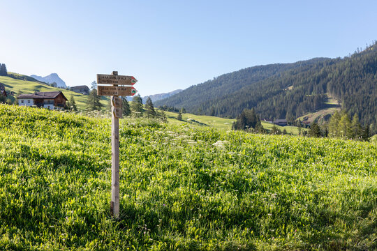 Sign on grassy slope in valley