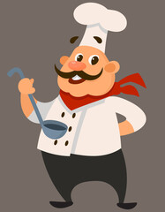 Chef holding ladle. Male character in cartoon style.