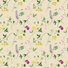 watercolor wildflowers and herbs seamless pattern