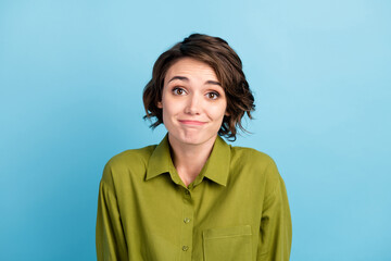 Photo of cute funny lovely lady short hairstyle childish guilty look camera girlish face wear green...