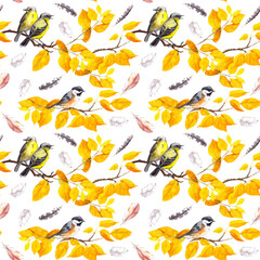 Fototapeta premium Birds on autumn branches with abctract yellow leaves, falling feathers. Decorative seamless pattern. Water color
