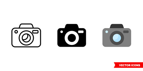 Photo camera icon of 3 types color, black and white, outline. Isolated vector sign symbol.