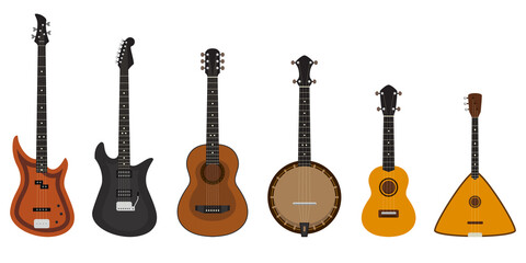 Set of different stringed instruments. Musical instruments in cartoon style.