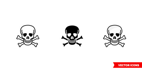 Poison sign skull and crossbones icon of 3 types color, black and white, outline. Isolated vector sign symbol.