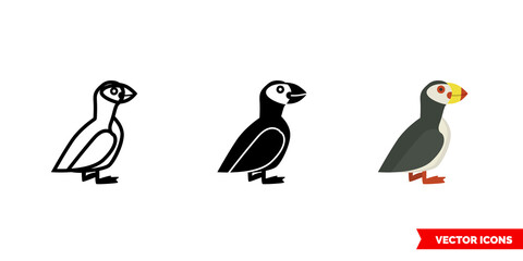 Puffin icon of 3 types color, black and white, outline. Isolated vector sign symbol.