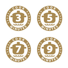 Cook 3, 5, 7, 9 minutes label, stamp for cooking time on package. Vector illustration