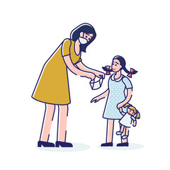 Mother putting mask at daughter during coronavirus pandemic and quarantine lifestyle