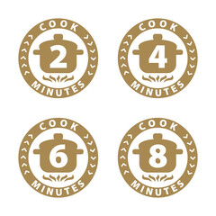 Cook 2, 4, 6, 8 minutes label, stamp for cooking time on package. Vector illustration