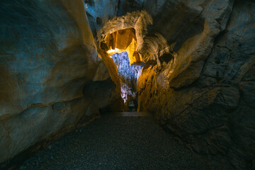 The interior of the cave. Ancient formations of stone. Touristic hiking route. Concept of excursions and attractions. (C&uuml;celer mağarası) Tırılar, Sapadere, Alanya