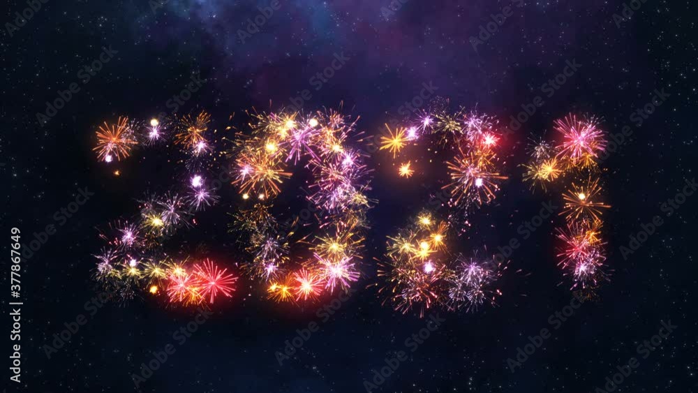 Aufkleber text 2021 made from fireworks. new year celebration. 3d render seamless loop animation