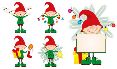 set of new year characters, cute elves in green costumes are preparing for the holiday, postcard, illustration
