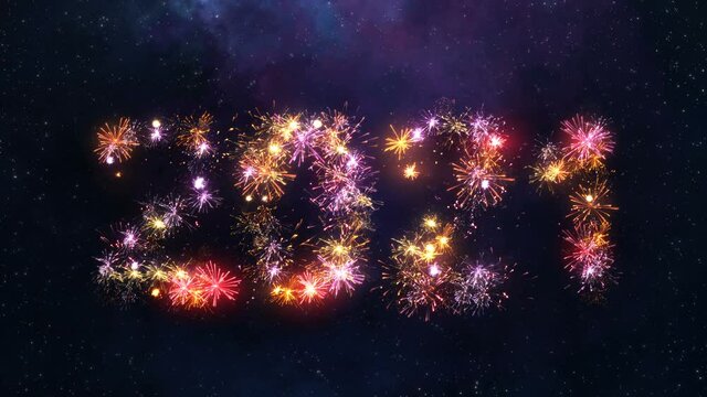 Text 2021 made from fireworks. New year celebration. 3D render seamless loop animation