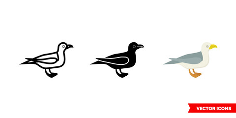 Sea gull icon of 3 types color, black and white, outline. Isolated vector sign symbol.