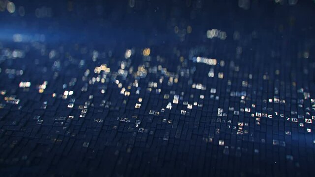 Blue hexadecimal big data digital code. Futuristic information technology concept. Computer generated seamless loop 3D render animation with DOF