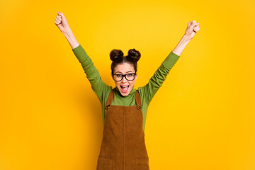 Photo of ecstatic crazy student girl university geek nerd achieve a-level exam raise fists scream...