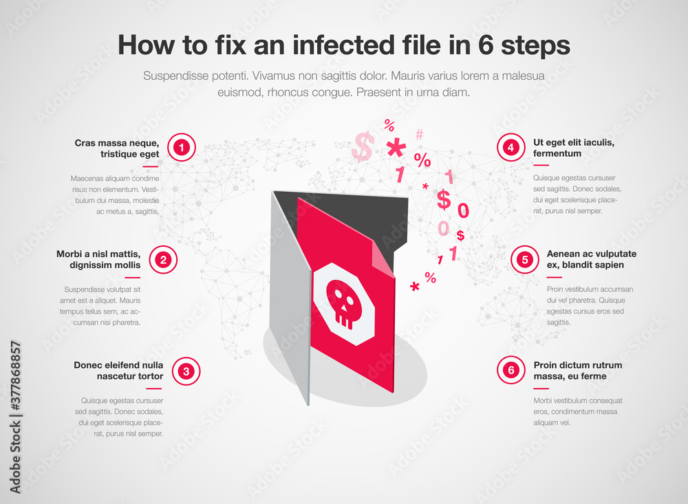 Poster simple infographic for how to fix an infected file in 6 steps, isolated on light background. easy to