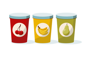 Variation of fruit yoghurts: cherry, banana and pear on a white background