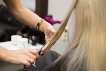 Obraz na płótnie Canvas The hairdresser cuts the hair of a blonde woman.