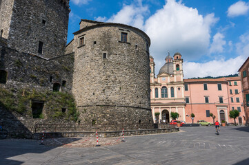 Fototapeta na wymiar Varese Ligure, La Spezia, Liguria / Italy - July 21 2020 : The historical Fieschi Castle in the old town of Varese Ligure.