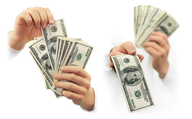 Collage set dollars money hands
