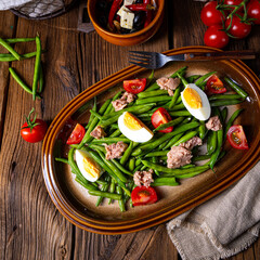 Rustic green bean salad with egg and tuna