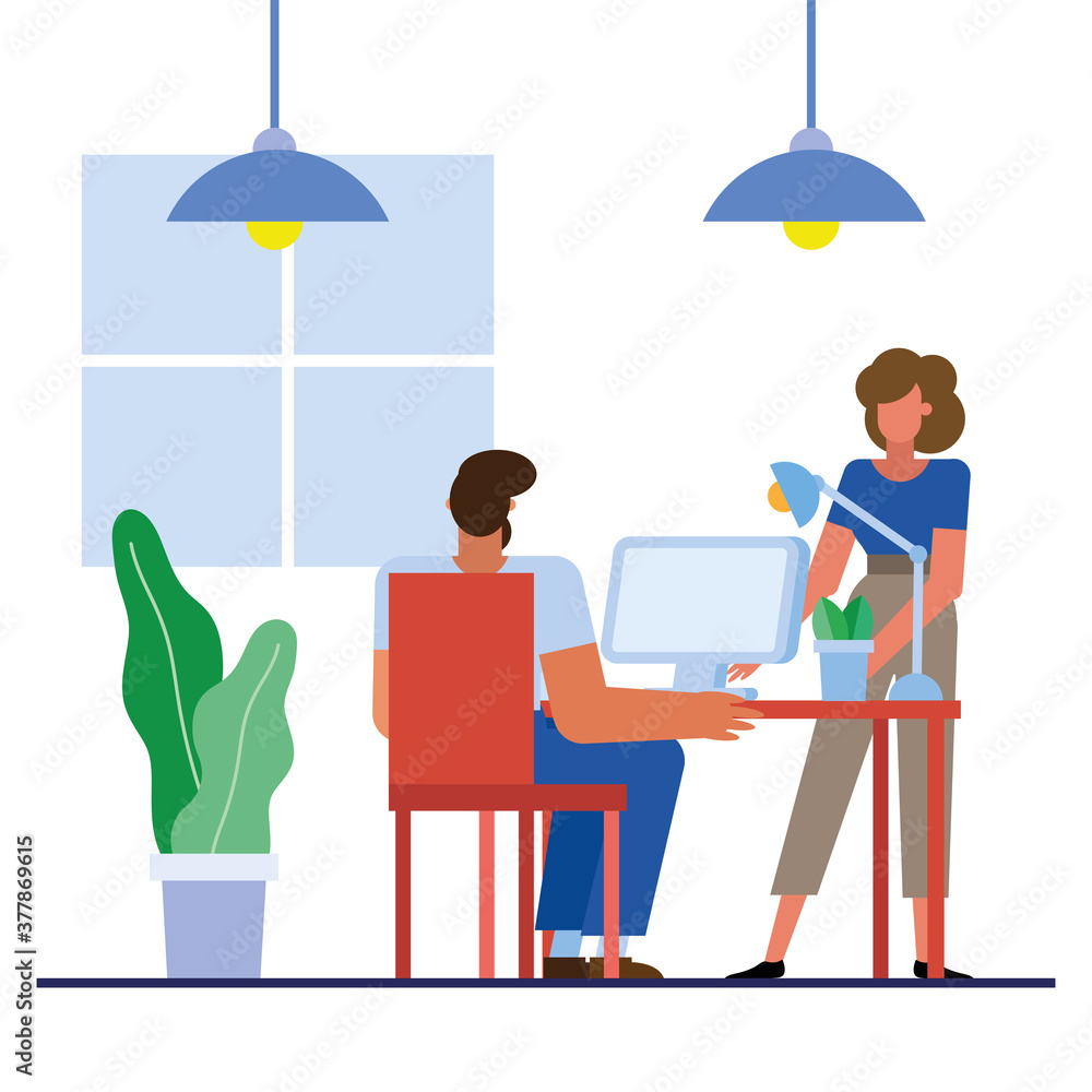 Poster man and woman with computer at desk in the office vector design