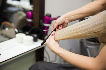 The hairdresser cuts the hair of a blonde woman.