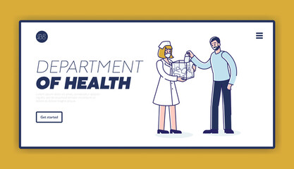 Coronavirus prevention measures landing page with nurse giving medical masks