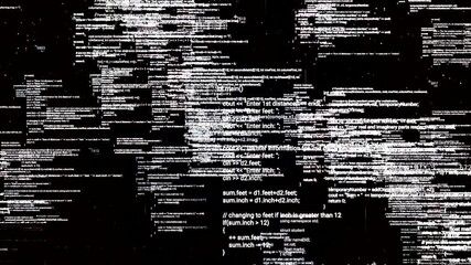 White scrolling lines of programming language on black background. Animation. Abstract screen of modern game moving code, software development background, monochrome, seamless loop.