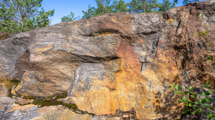 Large granite rocks in Scandinavia. Green trees and pines grow on the big stone cliff. Texture of old rusty rough dirty cracked rock. 