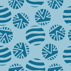Blue seamless vector pattern with circle shapes with lines and stripes. Vector illustration
