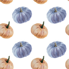 Watercolor pumpkins seamless pattern on white background.