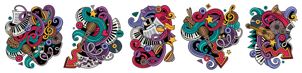 Music cartoon vector doodle designs set