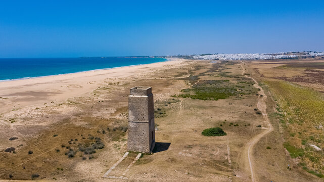 Castilnovo tower aerial view next to the beach and Atlantic ocean 