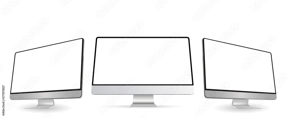 Poster Computer monitor screen mockup with perspective view to showcase website design project in modern style. Three panels of Computer Monitors Mockup with white blank screen. Vector illustration