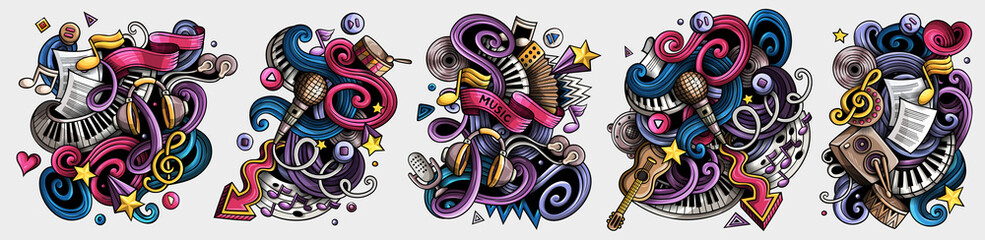 Music cartoon vector doodle designs set