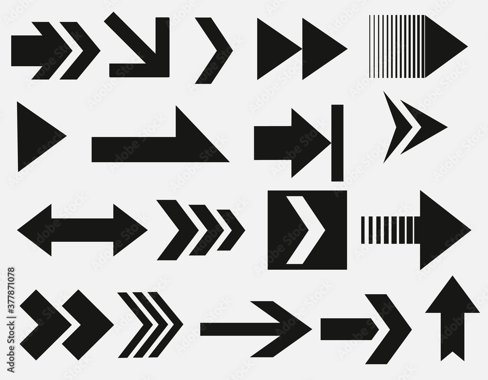 Poster Arrows set. Arrow icon collection. Set different arrows or web design. Arrow flat style isolated on white background - stock vector.