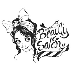 Beauty salon logo design isolated on white background. Black and white style tattoo. Beautiful  woman face and scissors. Use for decoration, sticker, logo, wall decor, pattern and more.