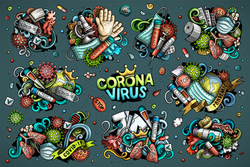Fototapeta premium Vector doodles cartoon set of Coronavirus objects and elements