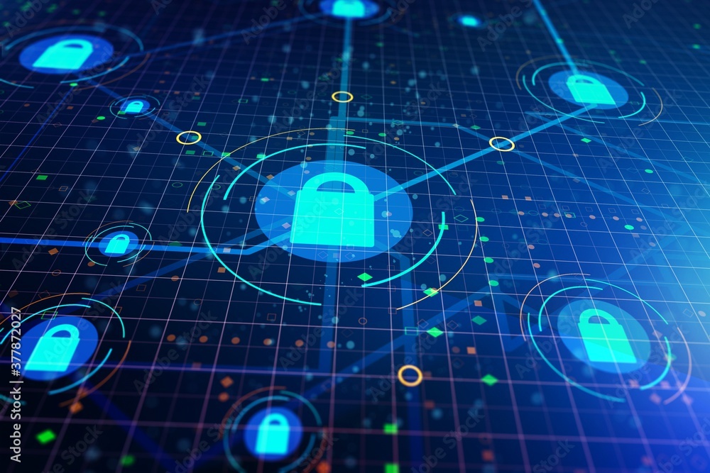 Poster virtual creative lock hologram on blue background. information security concept. 3d rendering